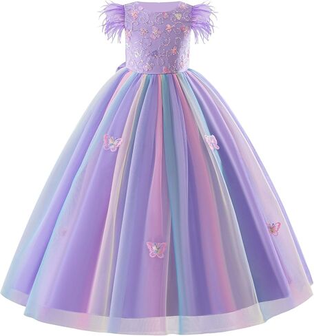 Ibtom Castle Flower Girlless 3D Butterfly Pearl equins Rainbow Tulle Long Dress Kids Wedding Pageant Ball Ball in Kuwait