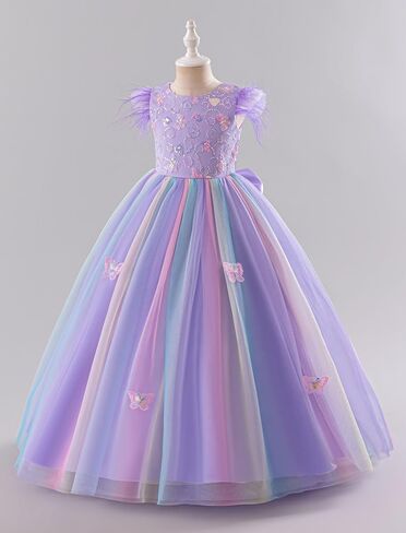 Ibtom Castle Flower Girlless 3D Butterfly Pearl equins Rainbow Tulle Long Dress Kids Wedding Pageant Ball Ball in Kuwait
