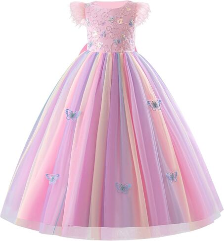 Ibtom Castle Flower Girlless 3D Butterfly Pearl equins Rainbow Tulle Long Dress Kids Wedding Pageant Ball Ball in Kuwait