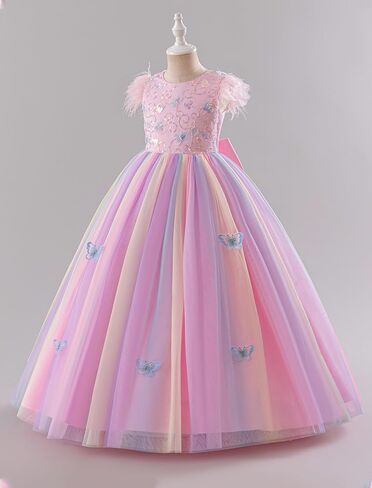 Ibtom Castle Flower Girlless 3D Butterfly Pearl equins Rainbow Tulle Long Dress Kids Wedding Pageant Ball Ball in Kuwait