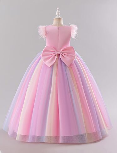 Ibtom Castle Flower Girlless 3D Butterfly Pearl equins Rainbow Tulle Long Dress Kids Wedding Pageant Ball Ball in Kuwait