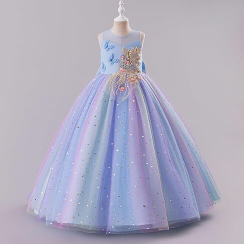 IBTOM CASTLE Flower Girl Sleeveless 3D Butterfly Pearl Sequins Rainbow Tulle Long Dress Kids Wedding Formal Pageant Ball Gown in Saudi Arabia