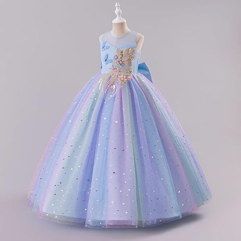 IBTOM CASTLE Flower Girl Sleeveless 3D Butterfly Pearl Sequins Rainbow Tulle Long Dress Kids Wedding Formal Pageant Ball Gown in Saudi Arabia