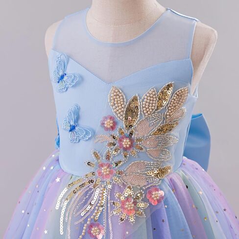 IBTOM CASTLE Flower Girl Sleeveless 3D Butterfly Pearl Sequins Rainbow Tulle Long Dress Kids Wedding Formal Pageant Ball Gown in Saudi Arabia