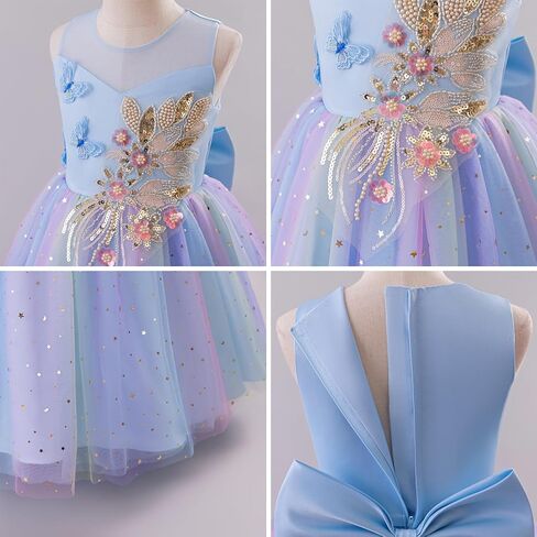 IBTOM CASTLE Flower Girl Sleeveless 3D Butterfly Pearl Sequins Rainbow Tulle Long Dress Kids Wedding Formal Pageant Ball Gown in Saudi Arabia