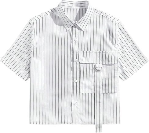 OYOANGLE Men's Striped Print Button Down Short Sleeve Flap Pocket Crop Shirt Tops in Saudi Arabia