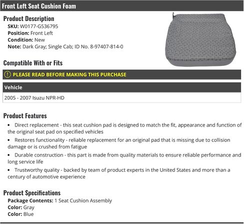 Front Left Driver Side Seat Cushion Foam - Gray - Compatible with 2005-2007 Isuzu NPR-HD Single Cab in Saudi Arabia