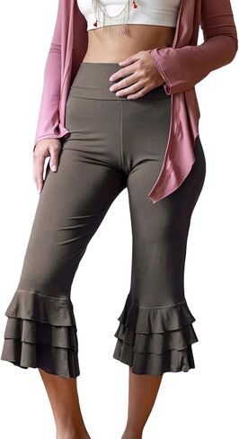 Women’s Layered Ruffle Hem Capri Yoga Pants Solid High Waist Workout Bell Leggings Slim Tummy Control Flare Bottom in Saudi Arabia