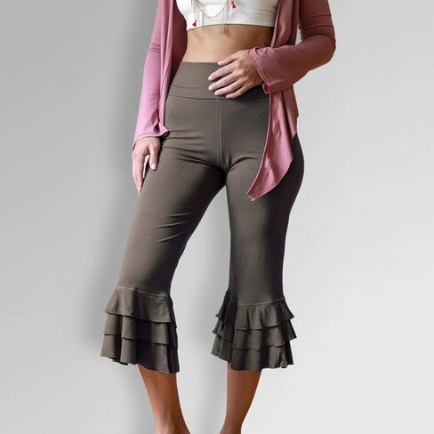 Women’s Layered Ruffle Hem Capri Yoga Pants Solid High Waist Workout Bell Leggings Slim Tummy Control Flare Bottom in Saudi Arabia