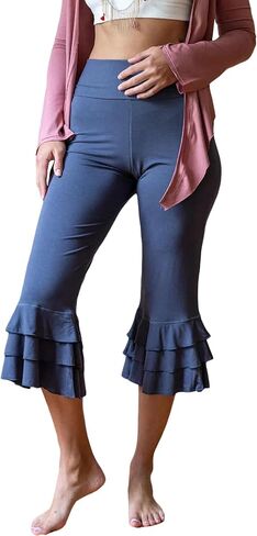 Women’s Layered Ruffle Hem Capri Yoga Pants Solid High Waist Workout Bell Leggings Slim Tummy Control Flare Bottom in Saudi Arabia