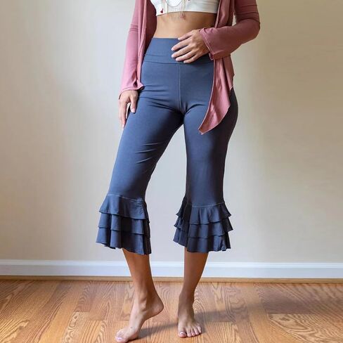 Women’s Layered Ruffle Hem Capri Yoga Pants Solid High Waist Workout Bell Leggings Slim Tummy Control Flare Bottom in Saudi Arabia