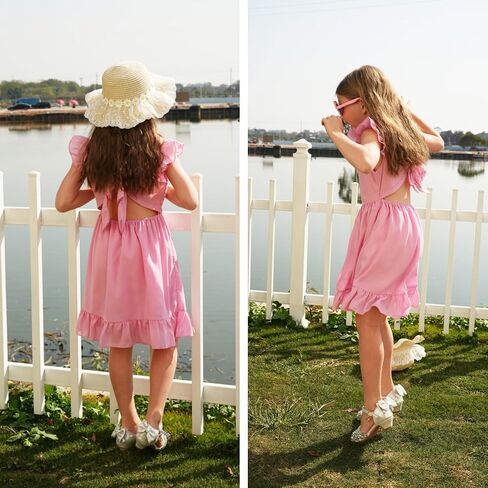 LQSZ Girls Summer Tie Back Dress Ruffle Sleeve A-Line for Beach Brithday Dance Party Size 3-12 Years in Kuwait