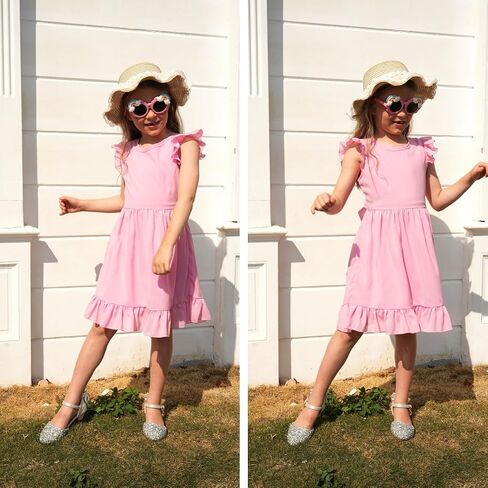 LQSZ Girls Summer Tie Back Dress Ruffle Sleeve A-Line for Beach Brithday Dance Party Size 3-12 Years in Kuwait