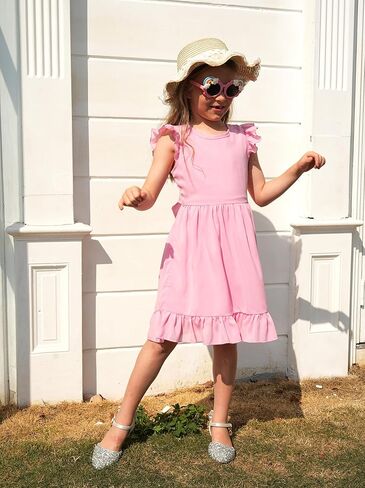 Lqsz Girls Summer Tie Back Dress Sleeve A-Line A-Line for Beach Brithday Dance Party Size 3-12 Years in Kuwait