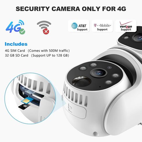 4G LTE Cellular Solar Security Camera Wireless Outdoor, W/Changeable SIM Card&32GB SD,Spotlight Alarm,Color Night Vision,Two-Way Audio,Solar Powered, HD Camera,Motion Detection in Saudi Arabia