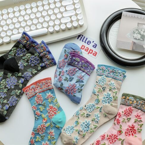 Vintage Style Novelty Cotton Crew Socks with Glitter Cuff for Women Casual Dress Socks in Saudi Arabia