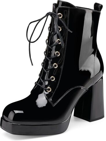 Oh Mispares Women's Platform Ankle Boots with High Chunky Heel Fashion Lace-up Square toe Patent Leather Booties in Kuwait