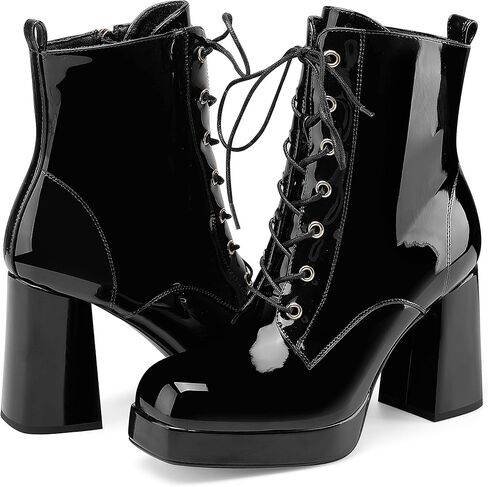 Oh Mispares Women's Platform Ankle Boots with High Chunky Heel Fashion Lace-up Square toe Patent Leather Booties in Kuwait