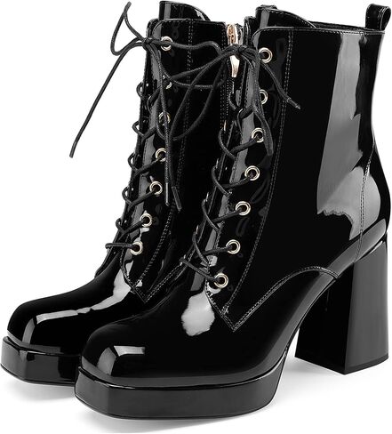 Oh Mispares Women's Platform Ankle Boots with High Chunky Heel Fashion Lace-up Square toe Patent Leather Booties in Kuwait