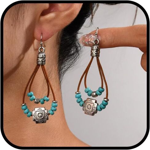 Boho Earrings for Women Wastern Leather Earrings Cowgirl Country Concert Outfits Accessories Rodeo Brown Leather Earrings Silver Statement Earrings Gift for Her-Flower in Kuwait