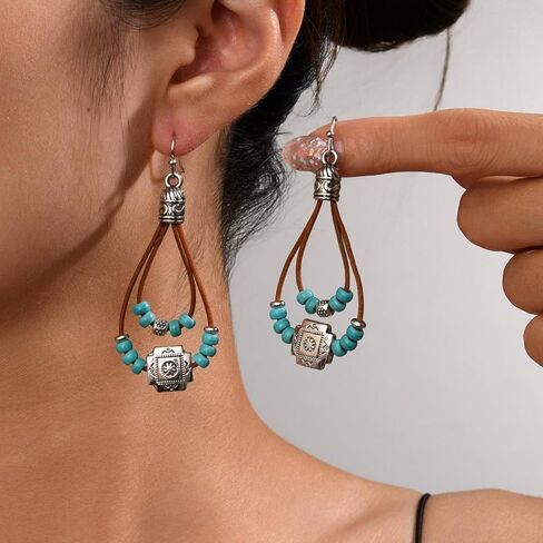 Boho Earrings for Women Wastern Leather Earrings Cowgirl Country Concert Outfits Accessories Rodeo Brown Leather Earrings Silver Statement Earrings Gift for Her-Flower in Kuwait