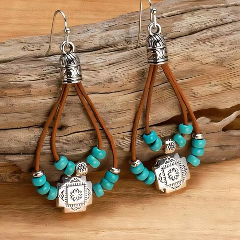 Boho Earrings for Women Wastern Leather Earrings Cowgirl Country Concert Outfits Accessories Rodeo Brown Leather Earrings Silver Statement Earrings Gift for Her-Flower in Kuwait