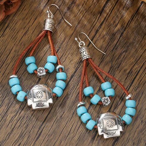 Boho Earrings for Women Wastern Leather Earrings Cowgirl Country Concert Outfits Accessories Rodeo Brown Leather Earrings Silver Statement Earrings Gift for Her-Flower in Kuwait