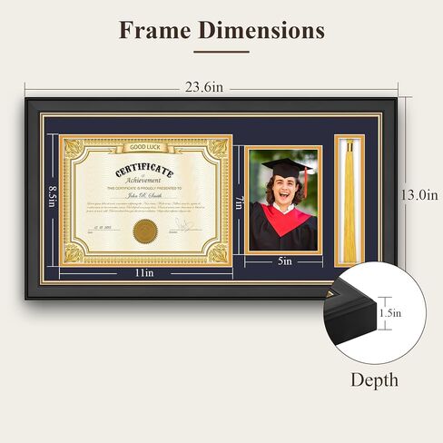 11x22 Black Finish Solid Wood Diploma Frame - يحمل شهادة 8.5 × 11 مع شرابة وحامل صور 5x7 ، أحمر مع حصيرة ذهبية ، هدية التخرج له أو لها in Saudi Arabia