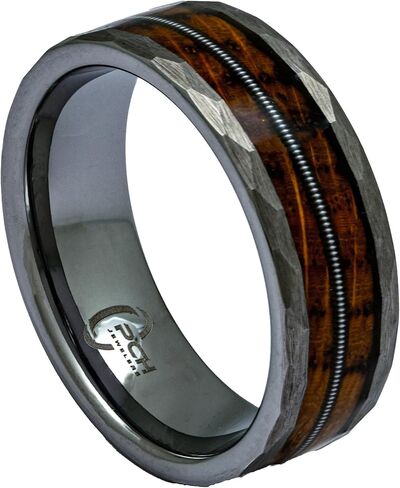Hammered Tungsten, Whiskey Barrel Wood, Guitar String Ring, 8mm Comfort Fit Wedding Band in Kuwait