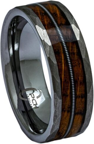 Hammered Tungsten, Whiskey Barrel Wood, Guitar String Ring, 8mm Comfort Fit Wedding Band in Kuwait