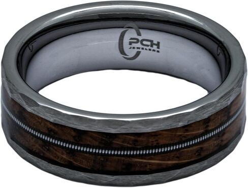 Hammered Tungsten, Whiskey Barrel Wood, Guitar String Ring, 8mm Comfort Fit Wedding Band in Kuwait