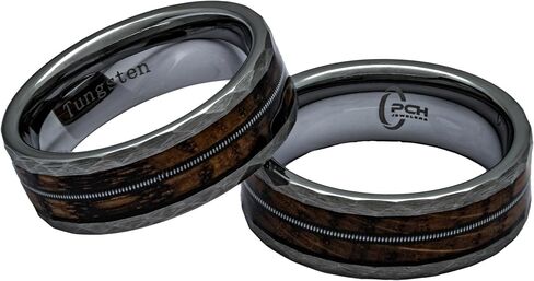 Hammered Tungsten, Whiskey Barrel Wood, Guitar String Ring, 8mm Comfort Fit Wedding Band in Kuwait