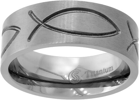 Sabrina Silver 8mm Titanium Christian Fish Band Ichthys Ring Flat Comfor in Saudi Arabia