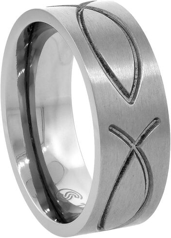 Sabrina Silver 8mm Titanium Christian Fish Band Ichthys Ring Flat Comfor in Saudi Arabia
