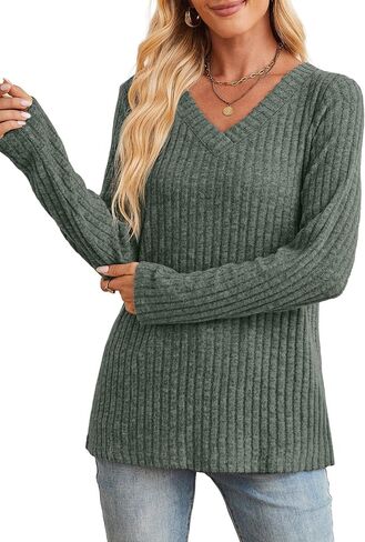 Sampeel Long Sleeve Shirts for Women V Neck Sweaters Fall Fashion Outfits 2025 Tunic Tops Lightweight in Kuwait