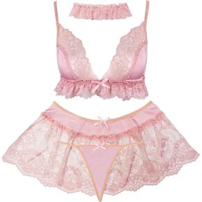 Women's Pink 4-Piece Lingerie Bra Underwear Set, Modern Cutesy Girly Lace Costume in Saudi Arabia