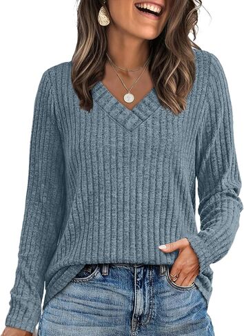 Sampeel Long Sleeve Shirts for Women V Neck Sweaters Fall Fashion Outfits 2025 Tunic Tops Lightweight in Kuwait
