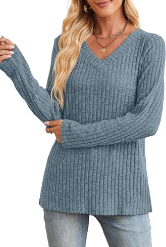 Sampeel Long Sleeve Shirts for Women V Neck Sweaters Fall Fashion Outfits 2025 Tunic Tops Lightweight in Kuwait