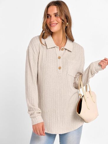 ANRABESS Womens Long Sleeve Shirts Henley V Neck Tops Dressy Casual Ribbed Knit Loose Comfy Tunic Sweaters with Pocket in Saudi Arabia