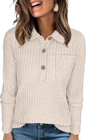 ANRABESS Womens Long Sleeve Shirts Henley V Neck Tops Dressy Casual Ribbed Knit Loose Comfy Tunic Sweaters with Pocket in Saudi Arabia
