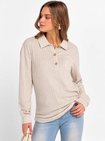 ANRABESS Womens Long Sleeve Shirts Henley V Neck Tops Dressy Casual Ribbed Knit Loose Comfy Tunic Sweaters with Pocket in Saudi Arabia
