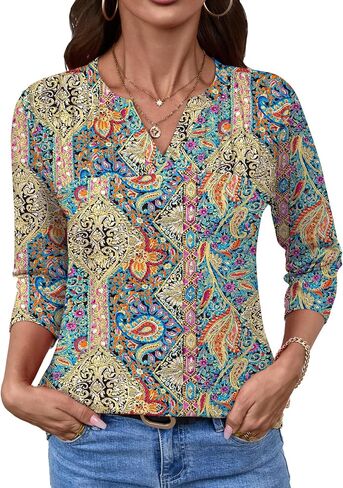 Lomon Women's 3/4 Length Sleeve Tops v Neck Dary Dary Dasual Fashion Fashion Tunic Turts Summer Summer 2025 in Saudi Arabia