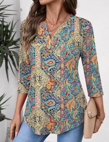 Lomon Women's 3/4 Length Sleeve Tops v Neck Dary Dary Dasual Fashion Fashion Tunic Turts Summer Summer 2025 in Saudi Arabia