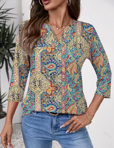 Lomon Women's 3/4 Length Sleeve Tops v Neck Dary Dary Dasual Fashion Fashion Tunic Turts Summer Summer 2025 in Saudi Arabia