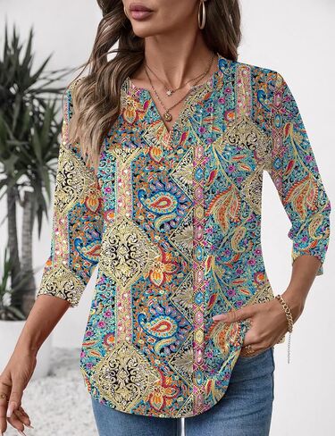 Lomon Women's 3/4 Length Sleeve Tops v Neck Dary Dary Dasual Fashion Fashion Tunic Turts Summer Summer 2025 in Saudi Arabia