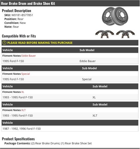 Rear Brake Drum and Brake Shoe Kit - 3 Piece - Compatible with 1987-1996 Ford F-150 in Saudi Arabia