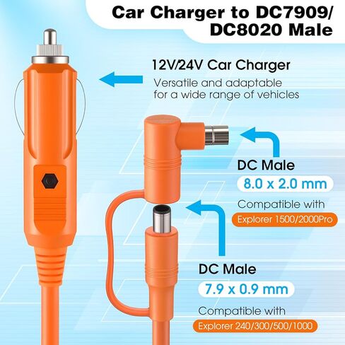 Dreyoo 12V/24V 8.2 ft Car Charging Cable, 14AWG 15A Car Cigarette Lighter Charger with DC7909 DC8020 Connectors, Compatible with Jackery Explorer Portable Power Station in Saudi Arabia