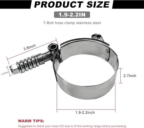 2PCS 2.75 inch T-Bolt Hose Clamp, Stainless Steel Spring Loaded Hose Clamps Working Range 64mm-72mm, Adjustable T-Shape Pipe Clamp for Exhaust System Turbo Intake Fuel Line in Saudi Arabia