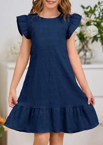 YOVION Girls Summer Boho Flutter Sleeve Ruffle Tiered Swing Casual Sundress with Pockets for 6-12 Y in Kuwait