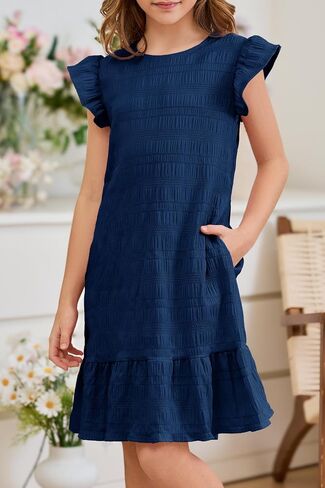 YOVION Girls Summer Boho Flutter Sleeve Ruffle Tiered Swing Casual Sundress with Pockets for 6-12 Y in Kuwait